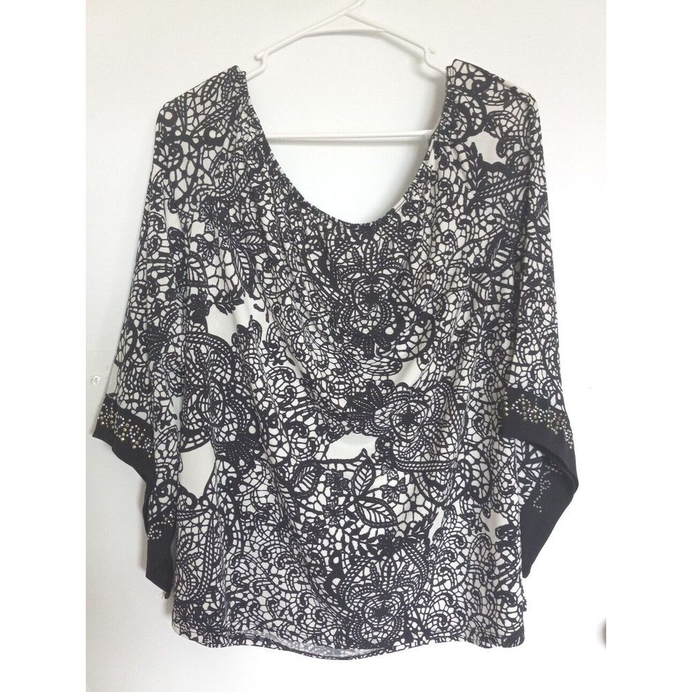 Susan Lawrence Women's Beaded Sequence Blouse Bells Long Sleeve Size XL Spandex